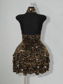 SHEIN ICON 大码金色亮片深V领双层蛋糕裙连衣裙，Y2K性感亮片派对礼服 - 酒紅色 - 查看 2