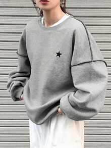 FRIFUL 女式简约休闲圆领长袖撞色图案上衣，秋季服装 - 灰色 - 查看 8