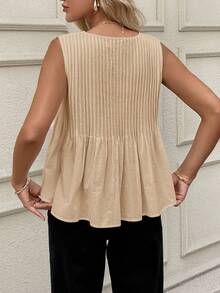 SHEIN LUNE 女士休闲褶皱无袖白色纯棉衬衫 纯棉上衣 夏季上衣 100%纯棉上衣 无袖纯棉上衣 女士纯棉衬衫 女士纯棉衬衫，休闲 - 卡其色 - 查看 3