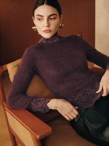 Anewsta Elegant Fashion Party New Year Christmas Lace Patchwork Brushed Women's Slim Fit Sexy Undershirt Top, Autumn/Winter - Purple - View 2