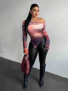 SHEIN SXY 女士Y2K不对称下摆修身扎染印花长袖上衣，露肩设计，性感长袖女装，适合夜店、外出、休闲场合 - 彩色 - 查看 5