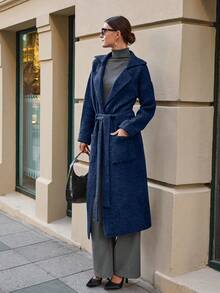 EURMUSE Maxi Cardigan With Belt Outwear Jacket Fall Winter - Navy Blue - View 7