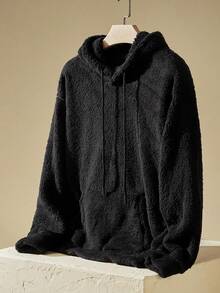 Manfinity VCAY Men Drop Shoulder Teddy Drawstring Hoodie, For Fall Winter, Couple Things, Long Sleeve Top - Black - View 1