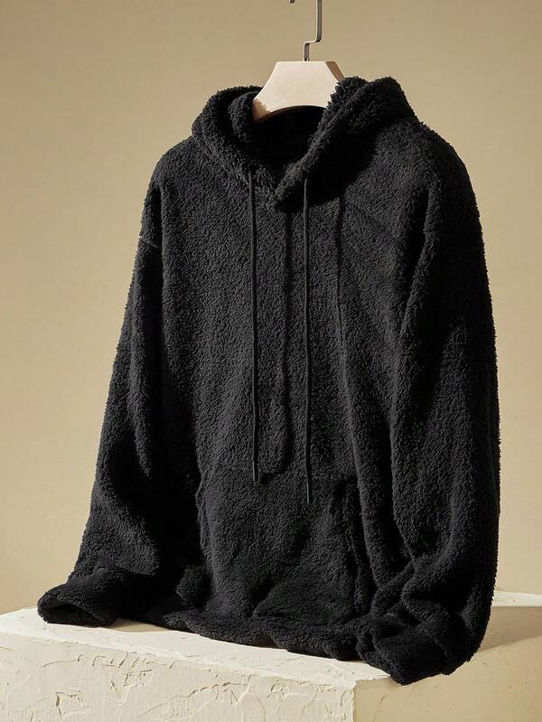 Manfinity VCAY Men Drop Shoulder Teddy Drawstring Hoodie, For Fall Winter