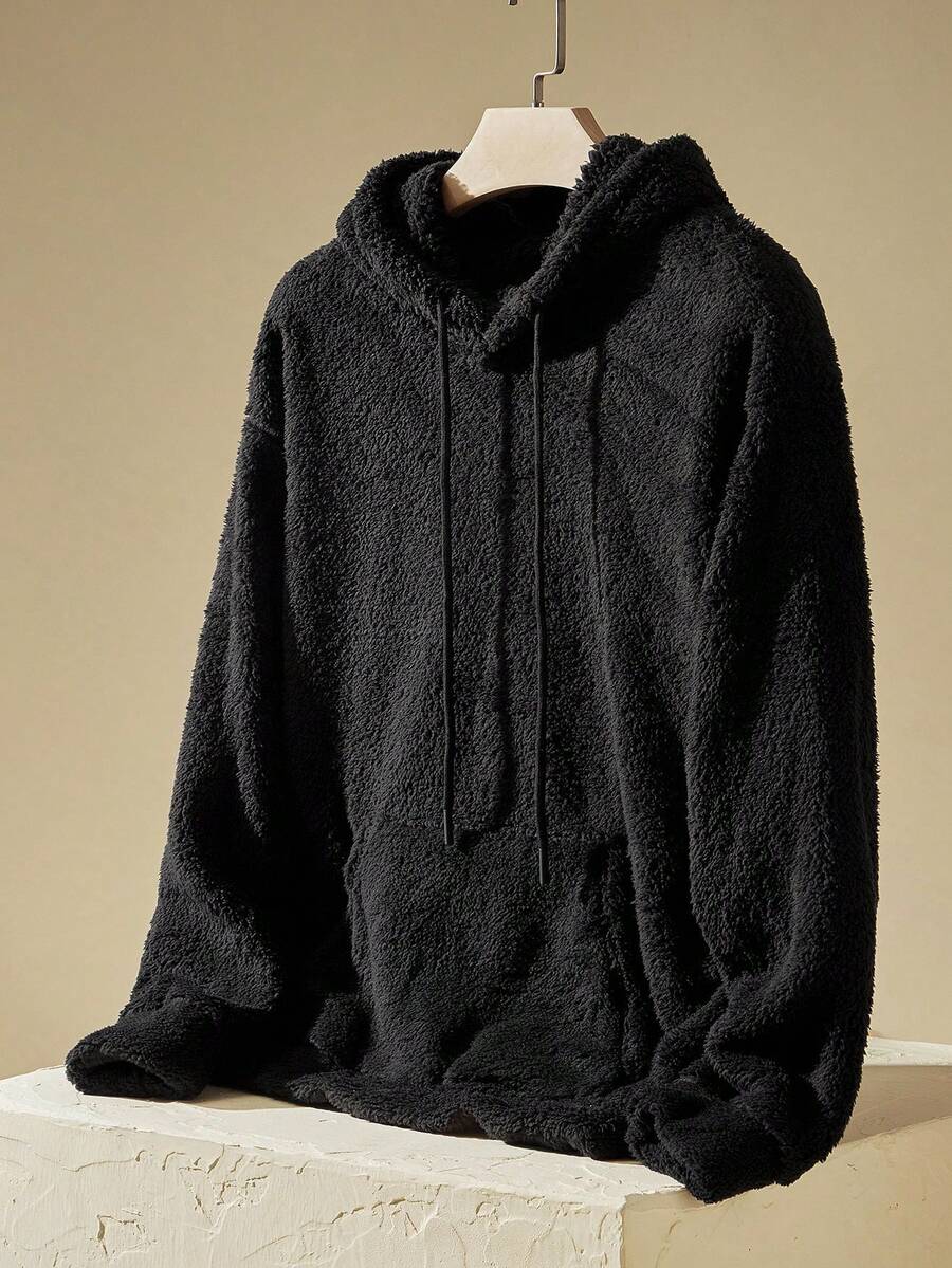 Manfinity VCAY Men Drop Shoulder Teddy Drawstring Hoodie, For Fall Winter, Couple Things, Long Sleeve Top - Black - View 1