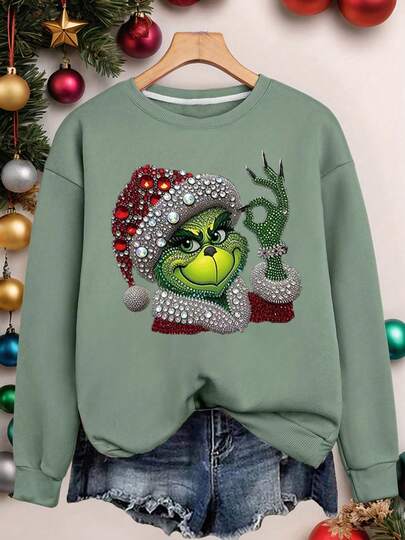 Sudadera para mujer estampado caricatura verde diamantes cuello redondo y puños estampado  calientita para el frio invierno otoño primavera
