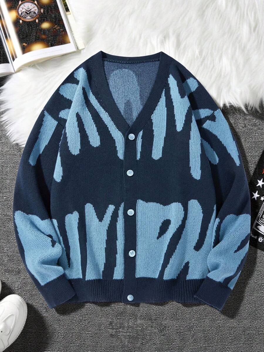 Manfinity Roghcode Men's Letter Pattern Long Sleeve Single-Breasted Casual Knit Cardigan, Autumn/Winter - Navy Blue - View 1