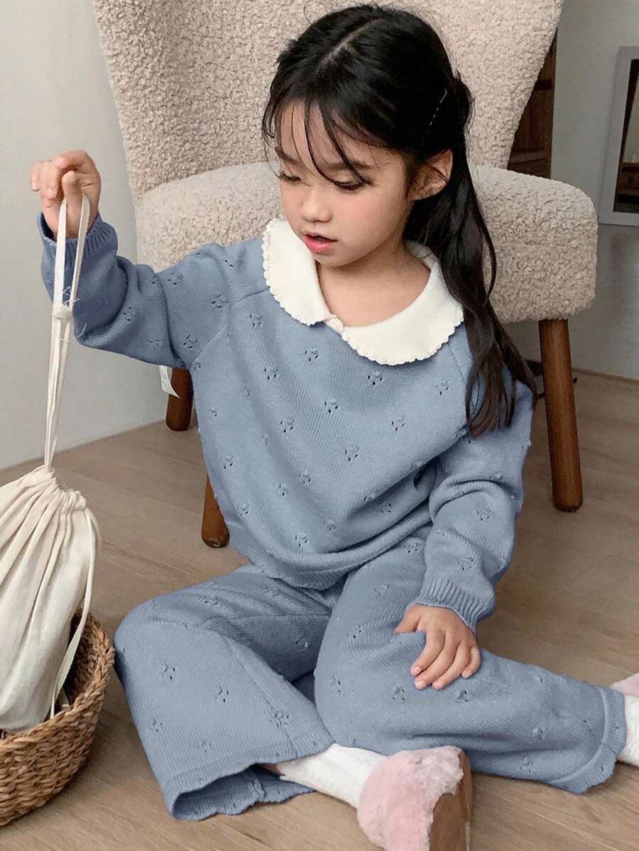 DAZY 女童休闲撞色领毛衣针织裤套装，秋冬季 - 藍色 - 查看 1