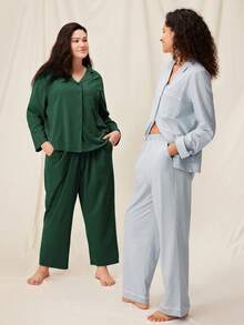 LUVLETTE Christmas & New Years Pajamas Plus Size Soft Brushed Cotton Basic PJ Set Women's Lounge Set Fall Pajamas - Green - View 4