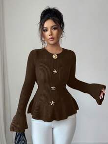 SHEIN Elenzya 女士优雅金属扣袖口荷叶边下摆长袖毛衣，秋冬款 - 棕色 - 查看 3