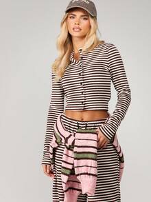 MISSGUIDED 圣诞条纹纽扣开衫和阔腿裤两件套，适合休闲秋日穿着 - 彩色 - 查看 5