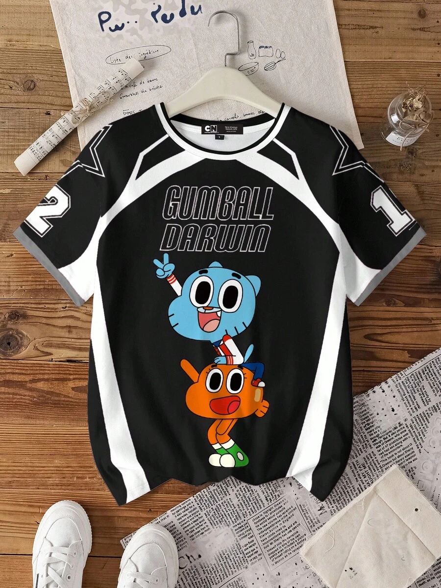 GUMBALL X SHEIN 女式拼色字母和卡通图案圆领短袖 T 恤，夏季 - 白色 - 查看 1