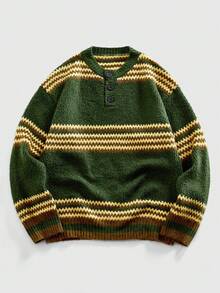 ROMWE MEN Prep 男士秋冬纽扣半开襟长袖休闲复古撞色条纹毛衣 - 彩色 - 查看 1