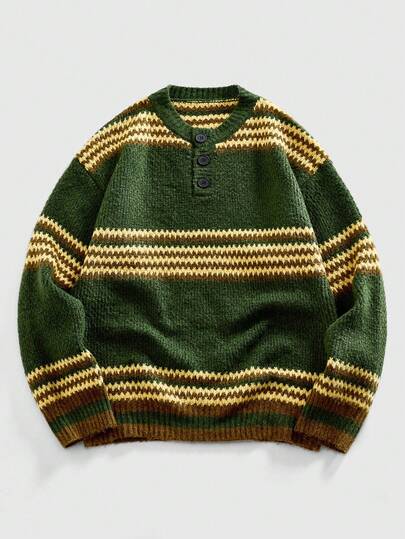 Street Life Suéter casual de manga larga con botones y media cartera, de contraste a rayas, para hombre en otoño/invierno