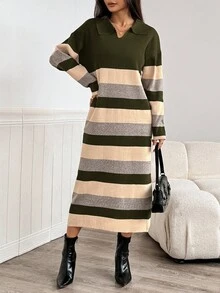 Modelyn Women's Casual Loose Fit Striped Drop Shoulder Long Sleeve Knitted Sweater Dress, Autumn/Winter,Fall,Fall Clothes For Women - Army Green - View 2