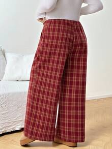 SHEIN CURVE+ Plus Size Women's Lace Up Checkered Straight Leg Loose Casual Pants, Red Checkered Christmas Pants Y2k Baggy
