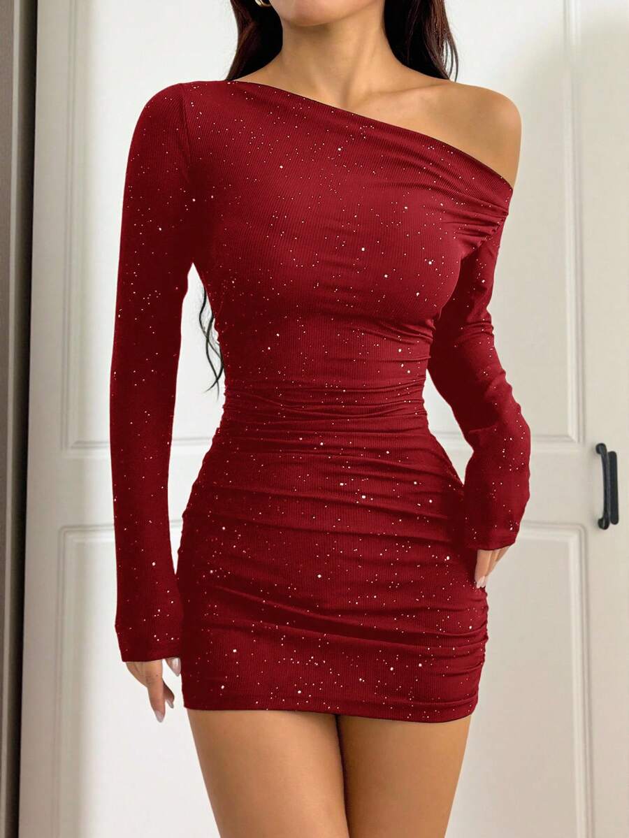 SHEIN PETITE 女款斜肩抓皺迷你緊身洋裝,酒紅色,秋季,70年代風,夜店舞廳派對迪斯可,優雅跨年聖誕茶會,適合嬌小女性 - 酒紅色 - 查看 1