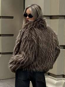Aloruh Women's Grey Winter Street Wear Night Out Fashionable Long Sleeve Open Front Faux Fur Jacket,Fluffy Thick & Warm Fox Fur Coat,Mid-Length Outerwear - Black - View 5