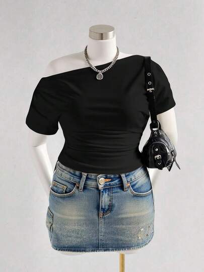 SHEIN MOD Plus Size Women's Knit Jacquard Black & White Striped Textured Oblique Shoulder Top, Black & White Striped, Ribbed, Waist Ruched, Side Sleeve Ruched, Casual & Simple, Women's Top