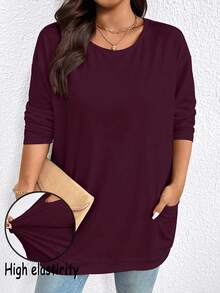EMERY ROSE Camiseta casual de talla grande de unicolor con doble bolsillo, versátil para el otoño - Morado - Ver 7