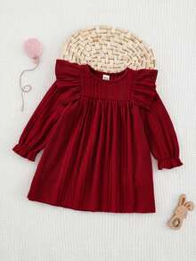 Cozy Pixies Gaun Bayi Perempuan Rajut Warna Polos Lembut dengan Leher Bulat, Hem Berkerut, Pinggang Diikat, Lengan Panjang, Gaun Musim Gugur/Natal - Merah - View 3