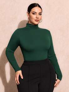 SHEIN SXY Plus Size Women's Autumn Teal Blue Slim High Collar Long Sleeve All-Match T-Shirt Basic T-Shirt Dark Green Tops Green Long Sleeve Top