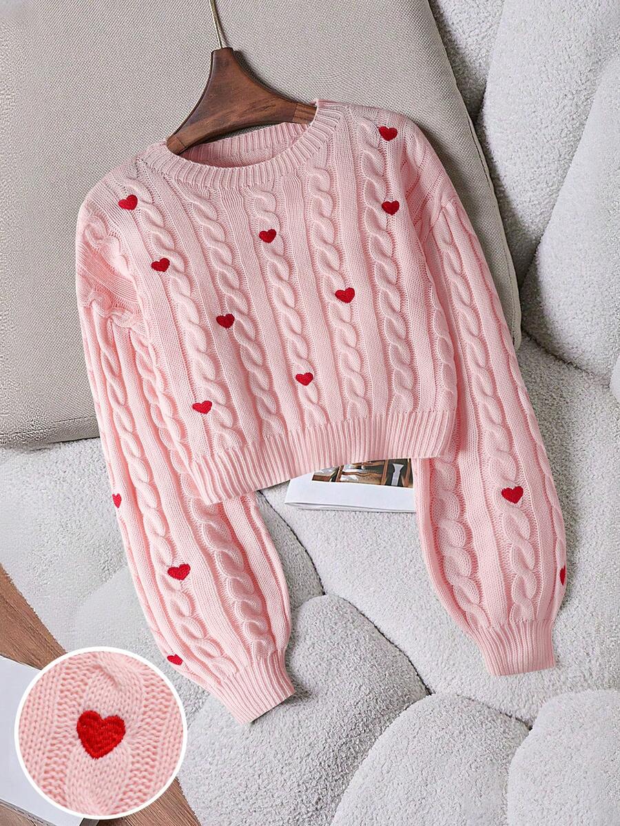 SHEIN Franclia Women's Casual Fashion Loose Fit Heart Embroidery Sweater, Versatile & Minimalist Design, Suitable For Autumn/Winter - Pink - View 1