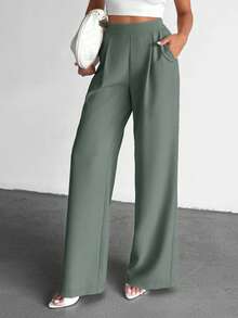 SHEIN Cottnline Petite Size Women's Solid Color High Waist Pleated Straight Leg Casual Pants - Mint Green - View 6