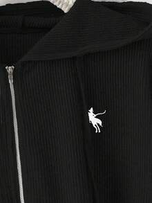 GlowEve CURVE 大码女装热销纯色长袖罗纹抓绒连帽拉链开衫+宽松罗纹抓绒抽绳腰裤，休闲外向优雅风格，胸前刺绣，两件套 - 黑色 - 查看 4