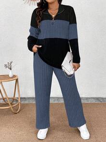EMERY ROSE Conjunto informal de 2 piezas de camiseta de manga larga con cuello, cremallera y bloqueo de color de punto suave acolchado y pantalones acanalados suaves para tallas grandes - Multicolor - Ver 6