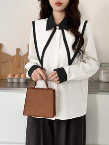 INAWLY Áo sơ mi nữ tay dài cài khuy đơn màu tương phản thời trang thường ngày - trắng - Xem 7