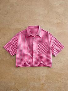 Manfinity NXTstreet Camisa casual de manga corta con botones delanteros, estampado de cuadros y letras, para verano