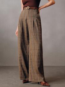 Anewsta New Elegant Retro Plaid Loose Casual Women Suit Pants - Brown - View 4