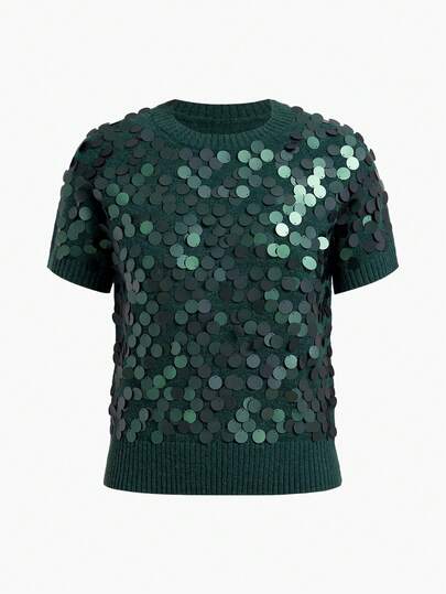 MOTF PREMIUM FASHIONABLE VERSATILE SEQUIN EMBELLISHED SHORT SLEEVE PULLOVER KNIT TOP