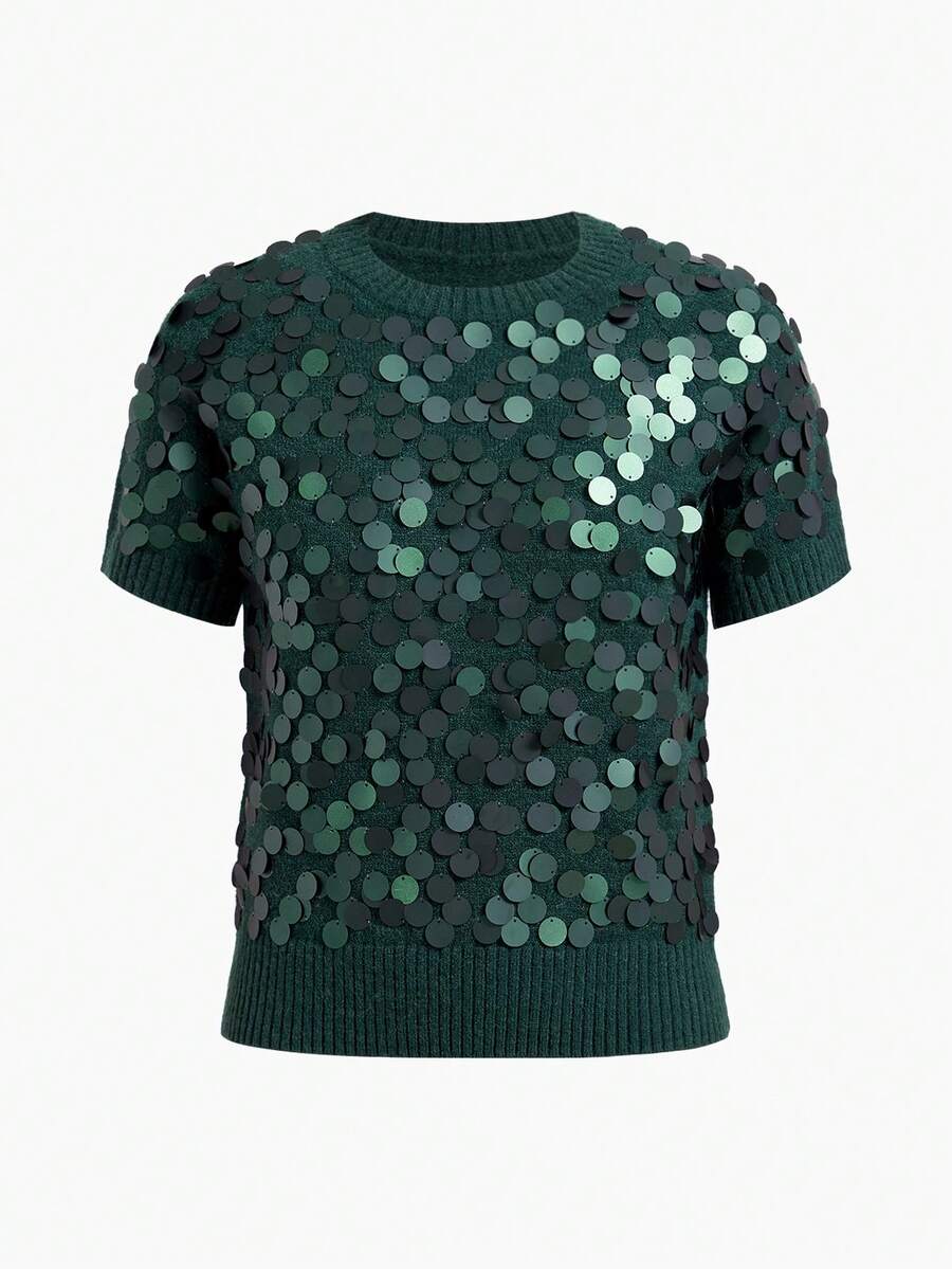MOTF PREMIUM FASHIONABLE VERSATILE SEQUIN EMBELLISHED SHORT SLEEVE PULLOVER KNIT TOP - Green - View 1