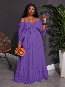 Slaydiva Plus Size Women V-Neck Loose Flowy Dress, Suitable For Beach, Vacation, Casual Wear - Purple - View 7