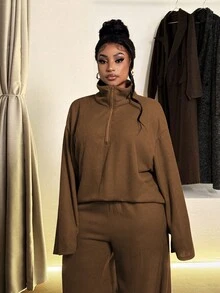 Maweii Conjunto de 2 piezas de pantalones rectos acampanados y holgados con cremallera media para mujer talla grande, cómodo y casual para uso deportivo y en el hogar - Café integral - Ver 7
