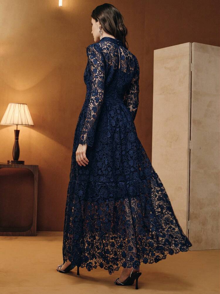 Women's Stand Collar Puff Sleeve Lace Elegant Dress, Suitable For Autumn, Going Out, Elegant, Formal, Party, Chic, New Year, Christmas, Work, Graduation, Wedding