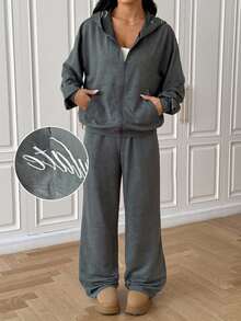 SHEIN EZwear 女式纯色落肩长袖拉链连帽衫和裤子两件套 - 黑色 - 查看 8