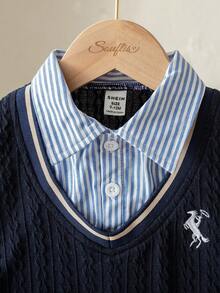 Souflis Souflis Set de 2 piezas de top de manga larga con cuello y pantalones casuales estilo francés retro para niños pequeños, adecuado para la escuela, salidas, fiestas y talla grande ocasiones - Multicolor - Ver 4