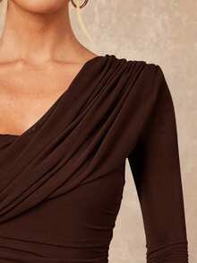 Lumalex Women's Elegant Sexy Burgundy Asymmetric Collar Criss-Cross Ruched Waist Slit Hem Long Sleeve Bodycon Dress, Spring/Summer - Brown - View 4