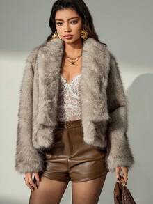 Lyxana Women's Turndown Collar Long Sleeve Faux Fur Short Jacket - Brown - View 1