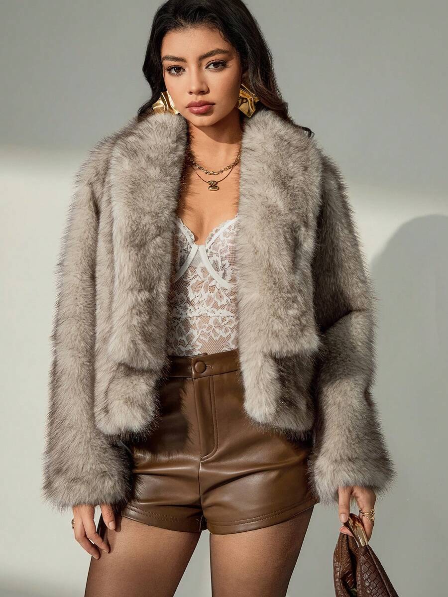 Lyxana Women's Turndown Collar Long Sleeve Faux Fur Short Jacket - Brown - View 1