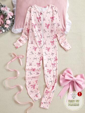 Snug Fit  Girls' Close-Fitting Long-Sleeved Jumpsuit, Pink, Butterfly Print, With Zipper, Girls' Loungewear. Girls Bow Pajamas Bow Pjs Kids Clothes Girls