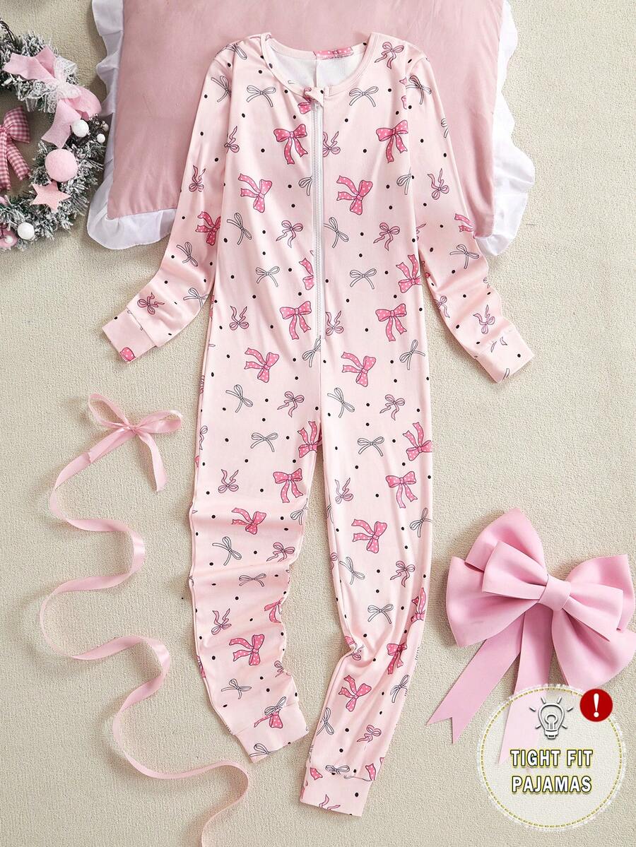 女童修身长袖连体裤,蝴蝶印花,带拉链,家居服 - 黑色 - 查看 1