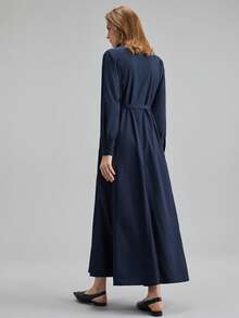 Ontre 2026SS Women's Long Dress, Blue Women's Waist-Cinched Loose Fit Long Sleeve Button-Up Spring/Summer Office Long Shirt Dress, Valentine's Day Outfit, Minimalist Elegant Urban Chic Waist-Cinched Long Sleeve Women's Office Attire, A-Line, Vacation Party Versatile Women's Long Dress - Navy Blue - View 3