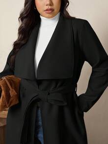 SHEIN LUNE 大码女式纯色翻领长袖开襟休闲羊毛混纺外套，秋冬款 - 黑色 - 查看 8