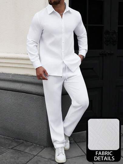 Manfinity CasualCool Men's Single-Breasted Textured White Long Shirt And Pants Casual Suit Mens 2 Piece Outfits White Men S Co Ord Set Open Knit Shirt Men  Men's White Long-Sleeved Long Pants Casual Texture Shirt Suit - Shirt With Collar And Buttons - Unique Texture And Design Of Fabric Texture - Comfortable Fabric - Suitable For Winter, Summer, Autumn And Winter Wear - Suitable For Various Casual And Festive Occasions - The Best Gift For Family And Friends On Halloween And Other Festivals