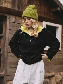 Medorelle 女士秋冬撞色连帽半拉链宽松抓绒卫衣 - 黑色 - 查看 1