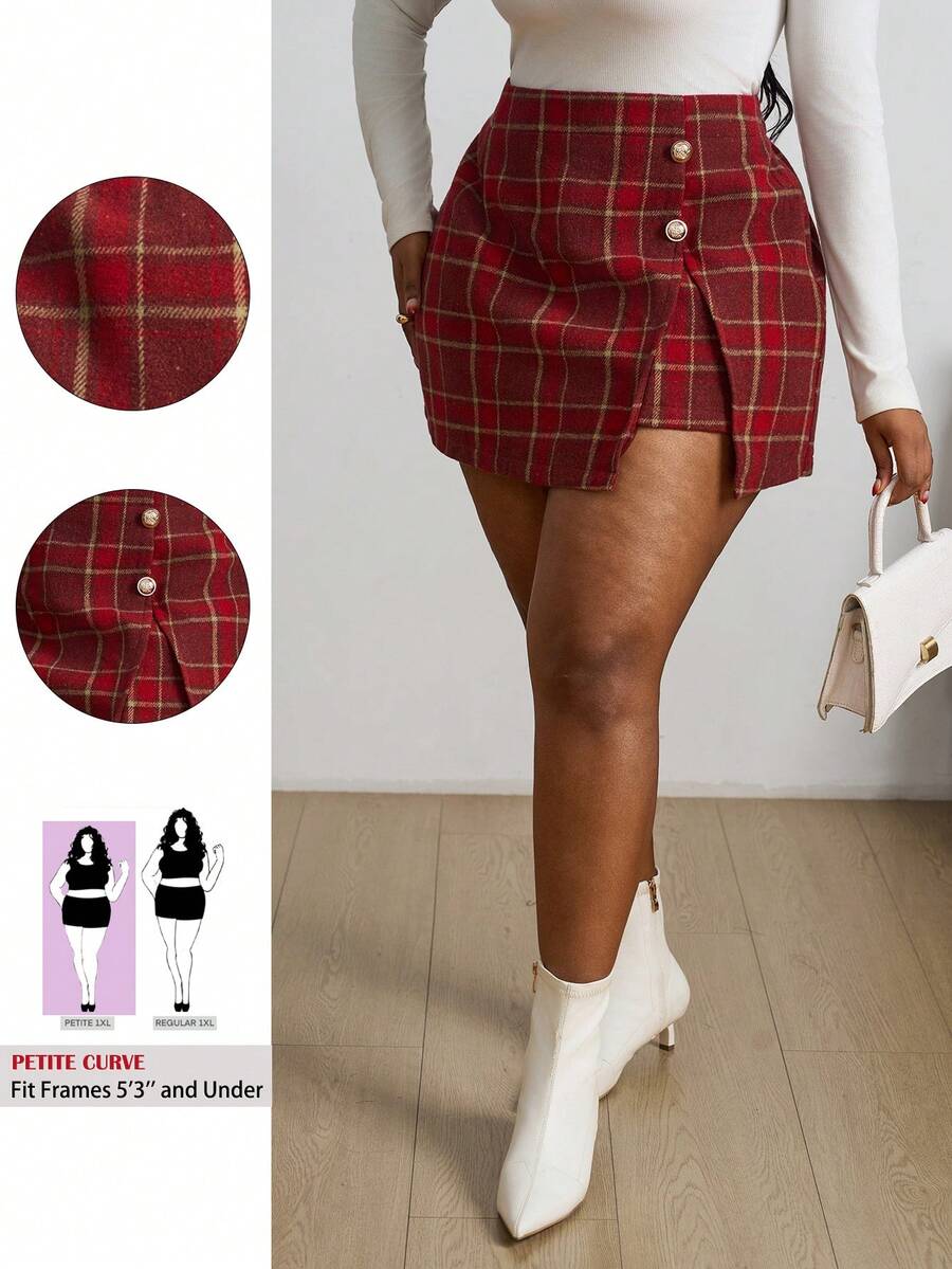 SHEIN PETITE CURVE 大码格纹印花侧开衩铅笔裙,优雅职场之选 - 紅色 - 查看 1